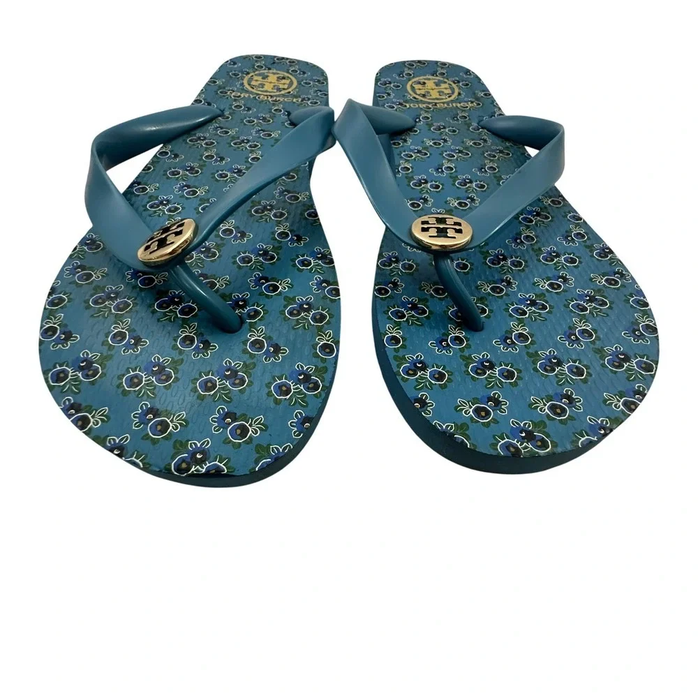 Tory Burch Teal Blue Blueberry Floral Flip Flop Gold Logo Medallion 10.5